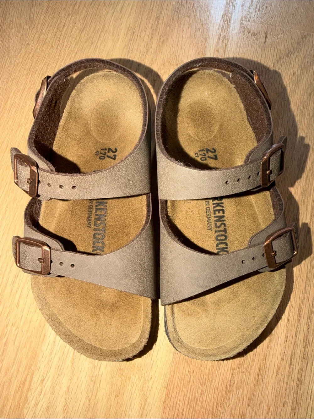 Birkenstock Kids Taupe Two-Strap Sandals with Bronze Buckles